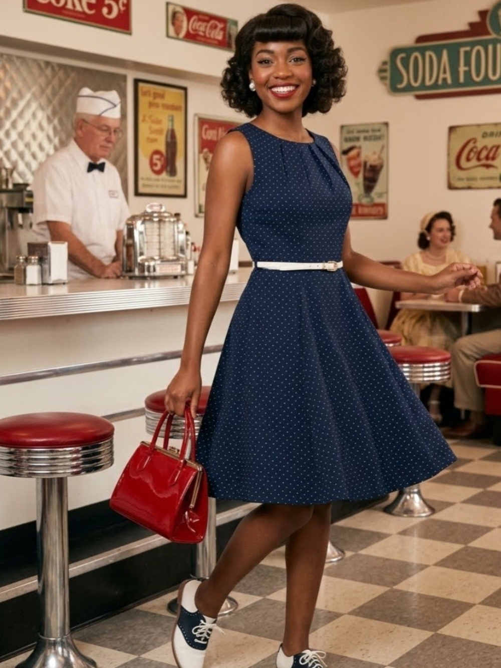 Closet London Navy Blue Skater Dress  White Polka Dot Fit-and-flare Retro 50's
